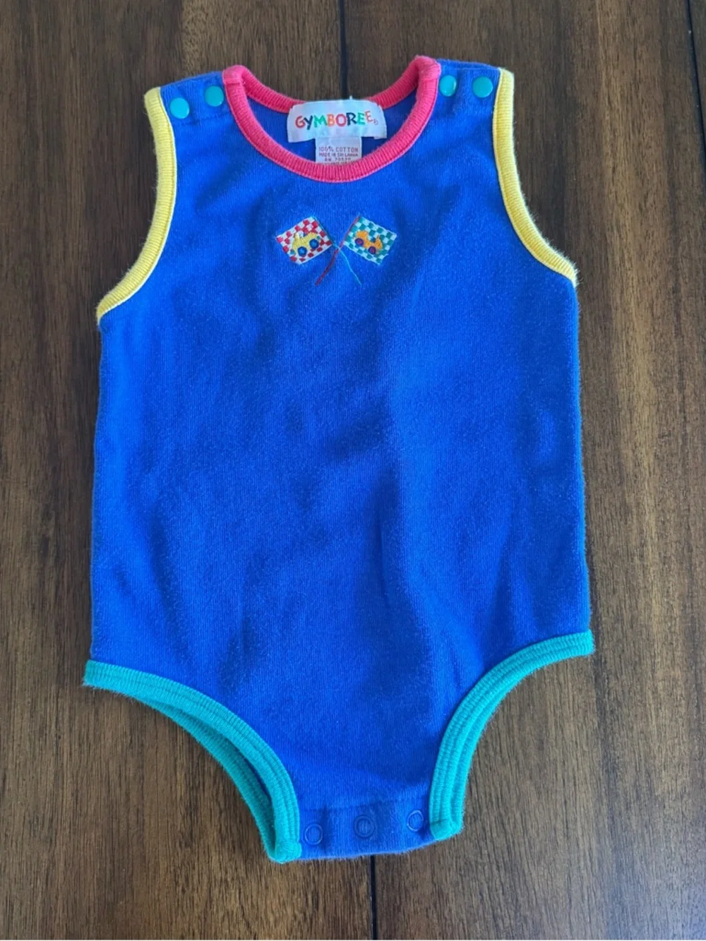 Gymboree Vintage 90s Baby Romper Embroidered Checkered‎ Flag Race Car Sz Infant